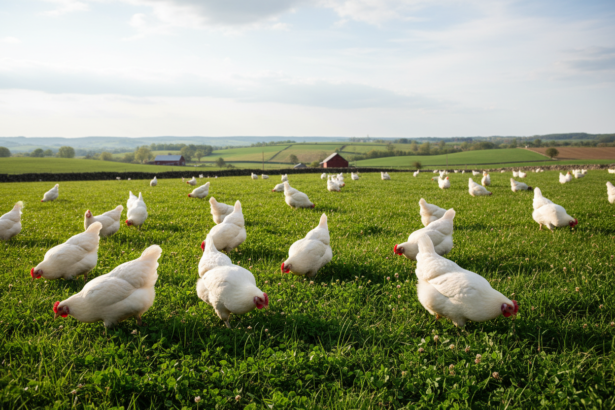 Cornish Cross chickens on pasture